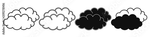 A collection of minimalist cloud icons featuring outline and solid black and white styles.