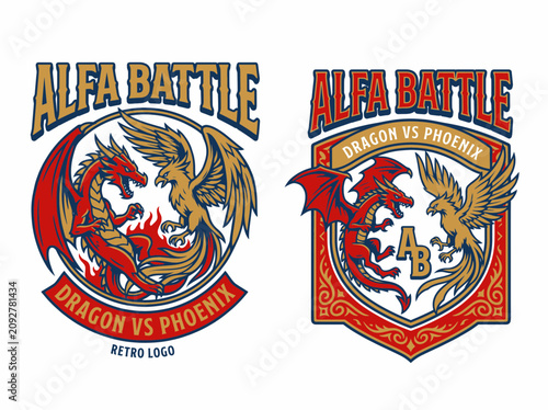 Bild auf Leinwand Alfa battle dragon vs phoenix retro logo design