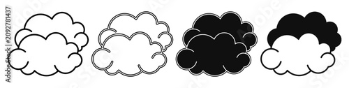 A collection of minimalist cloud icons featuring outline and solid black and white styles.