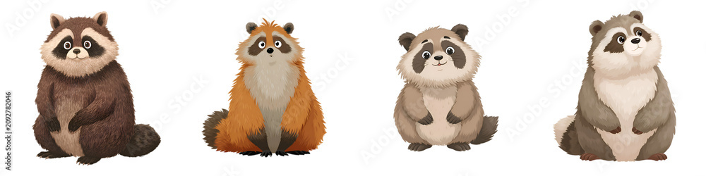 Fototapeta premium Cute Raccoon Characters Illustrations Isolated on White