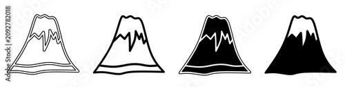 A collection of minimalist mountain icons featuring outline and solid black and white styles.