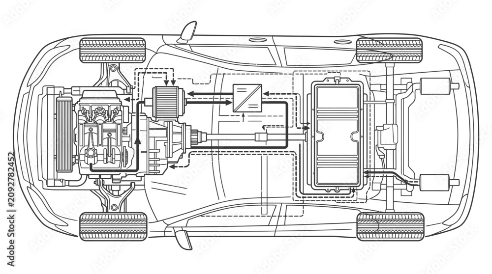 Obraz premium Dynamic Technical Diagram of a Vehicle Engine Compartment with Fuel System Components and Flow Arrows