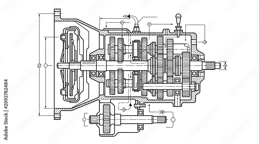 Obraz premium Minimalist Black and White Technical Cross Sectional Diagram of a Multi Piston Hydraulic Pump Mechanism