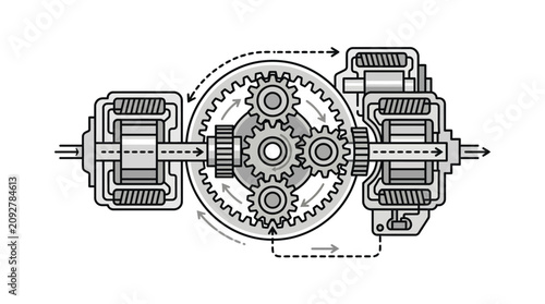 Schilderij op canvas Industrial Gear Mechanism Diagram with Mechanical Components and Directional Arr