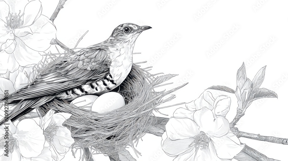 Fototapeta premium Detailed Illustration of Bird Nest with Eggs and Blossoming Flowers