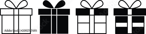 Fotografie Four stylized vector graphic illustrations of wrapped gift boxes with ribbon bow