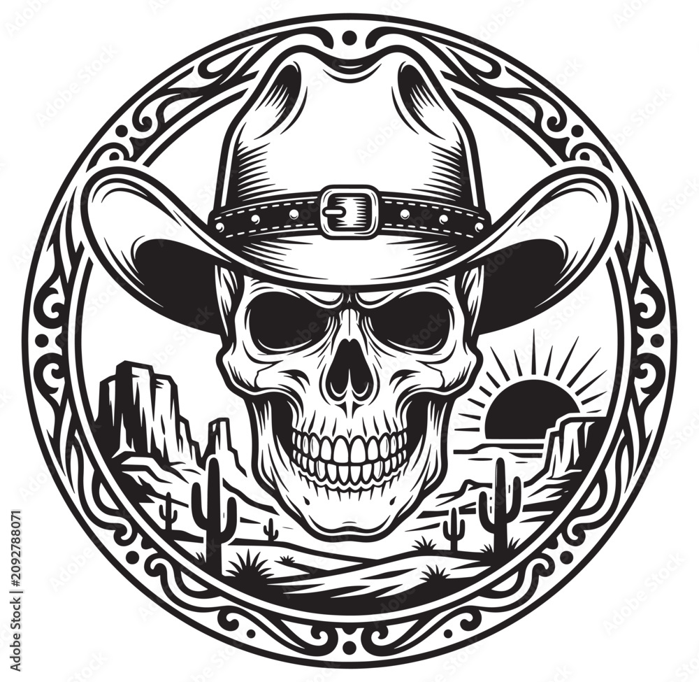 Fototapeta premium Cowboy skull wearing hat in desert landscape circular illustration