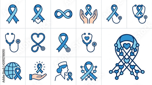 Foto Collection of blue ribbon icons representing health awareness and medical support