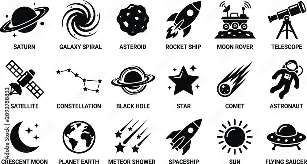 Fototapeta premium Collection of black glyph icons depicting space exploration planets and celestial bodies with black hole astronomy universe astronaut asteroid telescope satellite constellation spaceship
