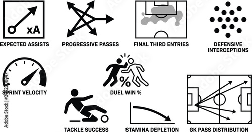 Fotografie Set of black silhouette icons for advanced soccer player performance statistics