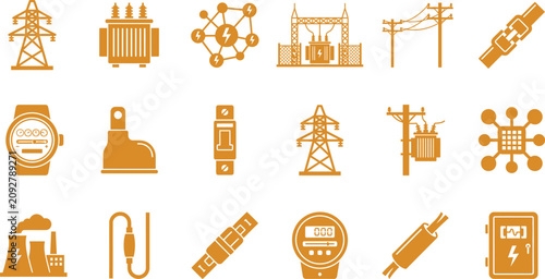 Electrical power grid and energy infrastructure icons set with electricity infrastructure transmission electric distribution industrial technology substation transformer generator industry