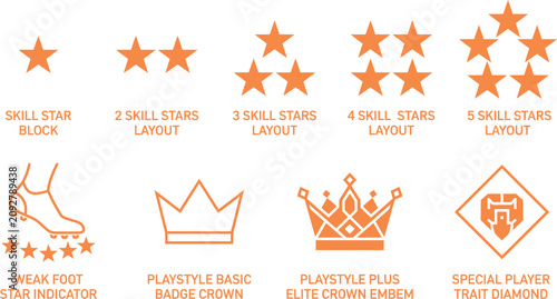 фотографія Orange game skill rating stars and player progression rank icons with crown embl