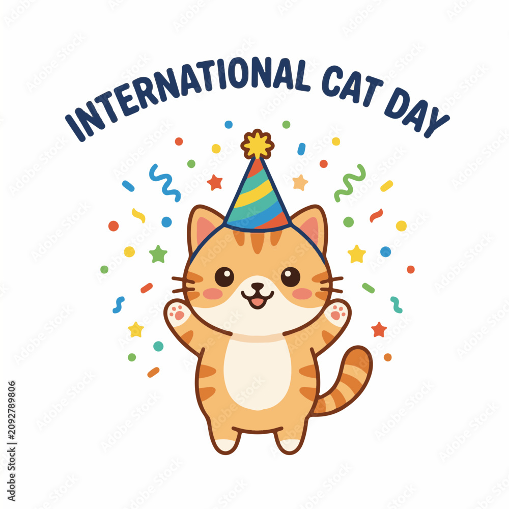 Naklejka premium Cute cartoon ginger cat wearing a party hat celebrating International Cat Day with colorful confetti.