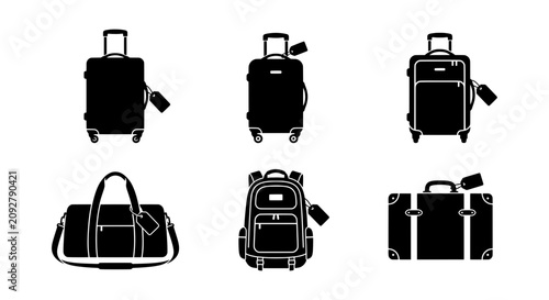 Foto Travel Luggage Icons: Suitcases, Duffel Bag, Backpack, Vintage Trunk, Black Silh