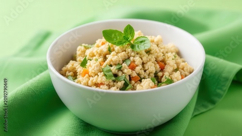 Gourmet Okra Cook-Up with coconut rice and lime zest against fresh green negative space