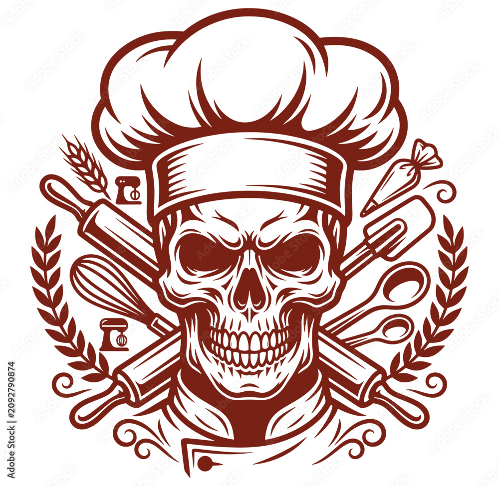 Fototapeta premium Chef skull with baking tools and laurels on white background
