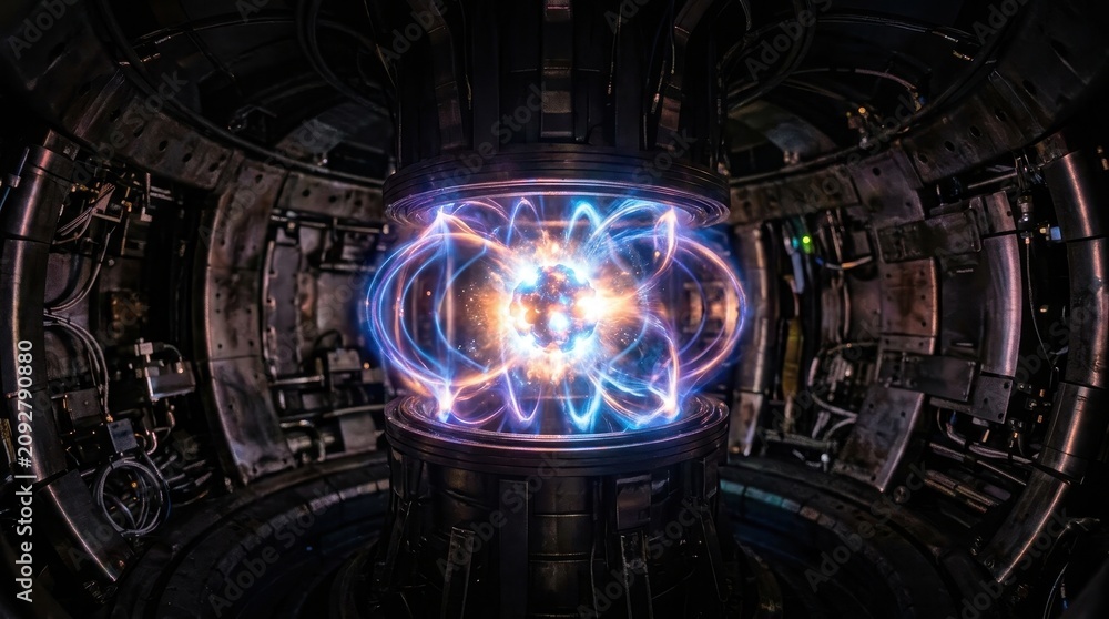 Obraz premium Intense Plasma Fusion Energy Reactor Core With Swirling Magnetic Fields