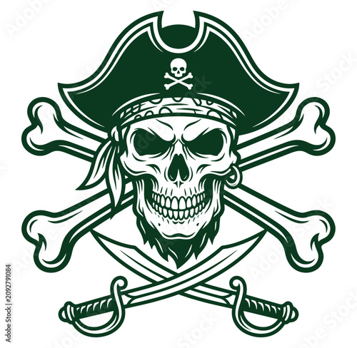 Pirate skull with crossed swords and pirate hat on transparent background