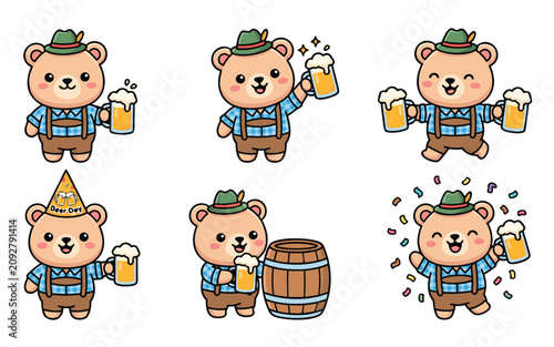 Cute Teddy Bear Oktoberfest Beer Festival Character Kawaii Cartoon Vector Collection