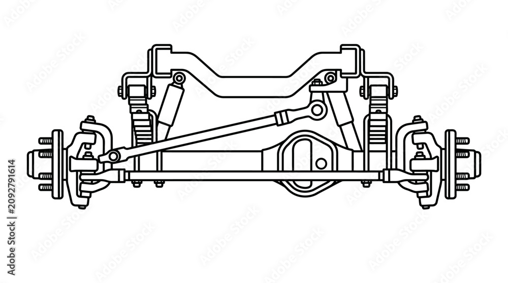 Obraz premium Dynamic Black and White Line Drawing of a Detailed Car Rear Suspension System with Shock Absorbers and Axles