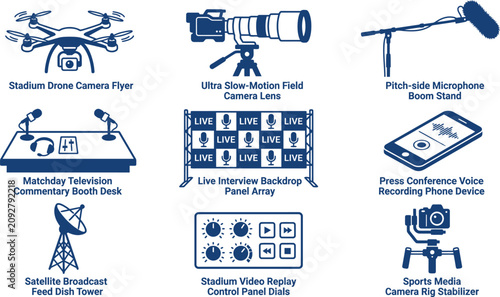 Bild auf Leinwand Set of broadcast and television production equipment icons for sports media cove