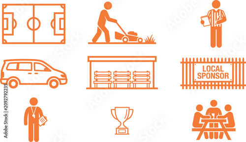 Sports event logistics and pitch maintenance infrastructure icon set for local games with logistics maintenance management groundskeeping official competition facility infrastructure activity