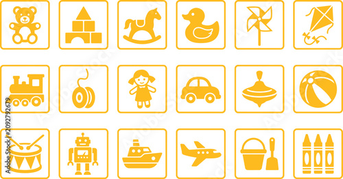 Fotografie Set of decorative childhood toys and play objects icons in frames with childhood