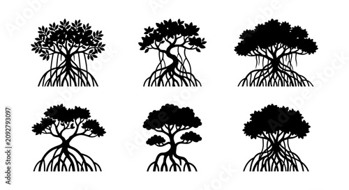 Foto Mangrove Tree Silhouettes, Root System Icons, Coastal Ecosystem Vector Set