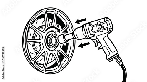 Canvastavla Industrial Black and White of a Power Tool Removing a Rusty Car Wheel Hubcap wit