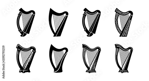Fotografía Set of 8 Harp Icons, Musical Instrument Vector Graphics, Elegant Stringed Instru