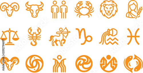 Bild auf Leinwand Set of orange astrological zodiac sign line icons with astrology horoscope astro