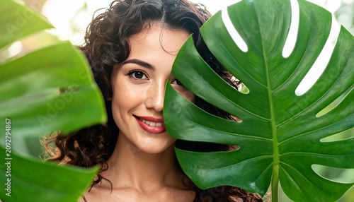 Beautiful woman peeking behind large monstera leaf