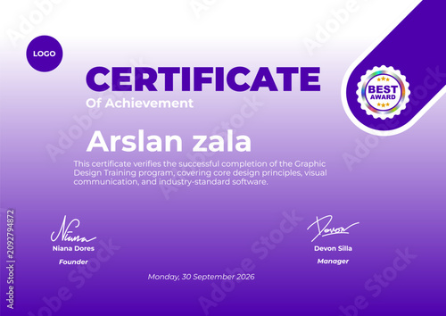 Foto A certificate of achievement in graphic design is awarded to Arslan Zala on a pu