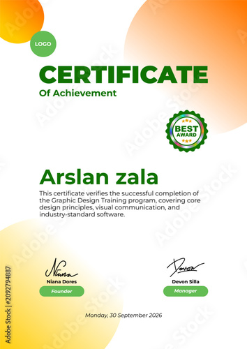 Принти на полотні A certificate of achievement with a best seal awarded to Arslan Zala