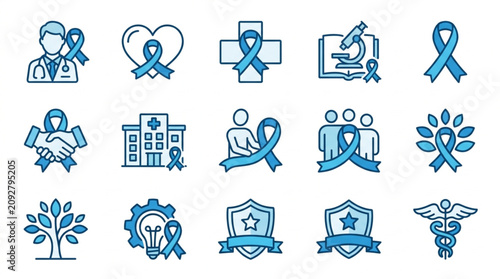 Quadro em tela Collection of Medical and Health Awareness Icons with Blue Ribbons