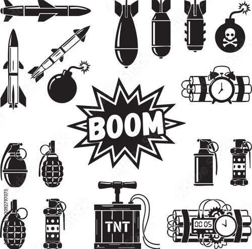 Fotografie Explosives And Detonators Silhouette Collection On White Background