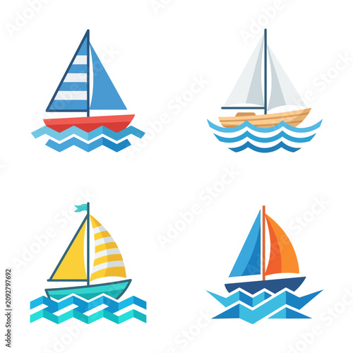 Set of Four Colorful Nautical Sailboat Logo Illustrations