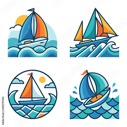 Collection of four colorful stylized sailboat icons on waves
