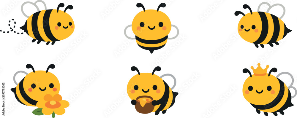 Obraz premium Set of six cute bumblebee characters in cartoon style with honey pot flower and small bee crown.