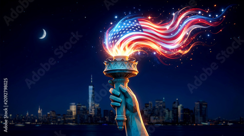 Statue of Liberty torch with USA flag flame over New York city skyline at night for 4th of July celebration