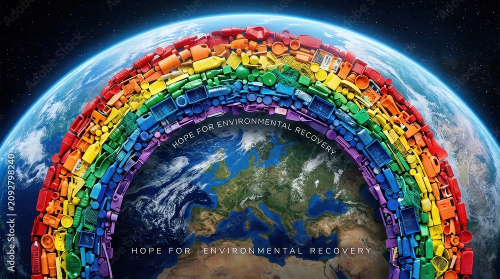 Obraz premium Rainbow of plastic waste over planet Earth representing environmental hope and recovery.