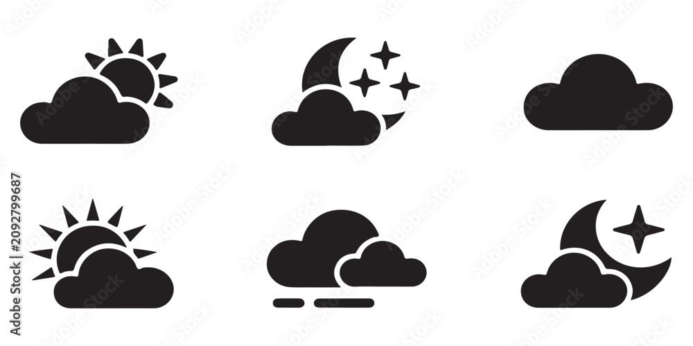 Obraz premium Weather forecast icons set featuring sun moon clouds and stars silhouettes for mobile app interfaces and meteorology report presentations.
