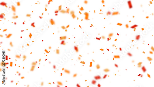 Konstfotografi Festive red and orange confetti falling against a white background with blurred