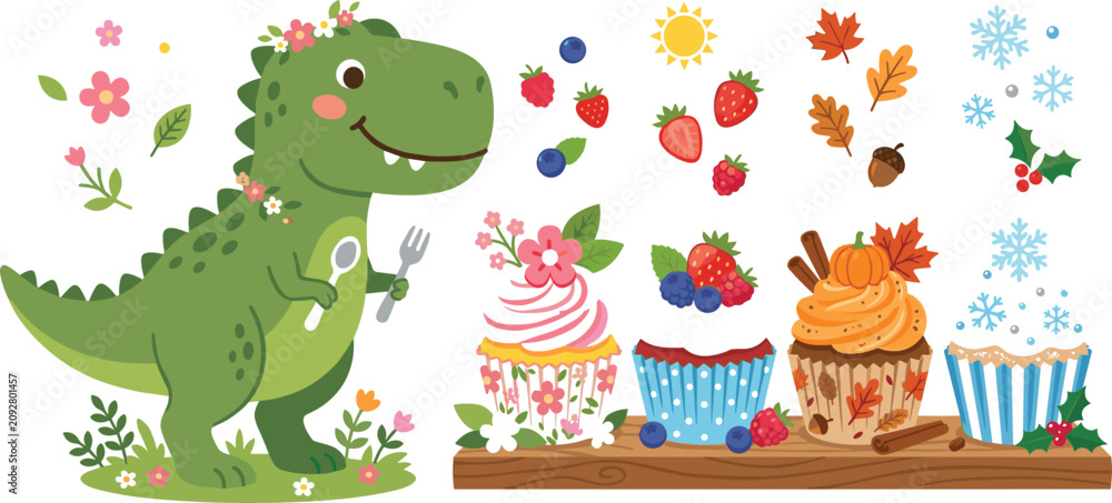 Naklejka premium Cute seasonal four seasons dinosaur cupcake illustration set featuring green cartoon t-rex with spring summer autumn winter desserts for kids birthday templates