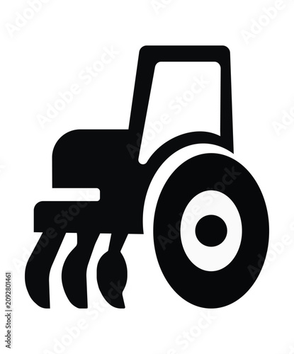 Black and White Icon of a Tractor with Plow Attachment on White Background
