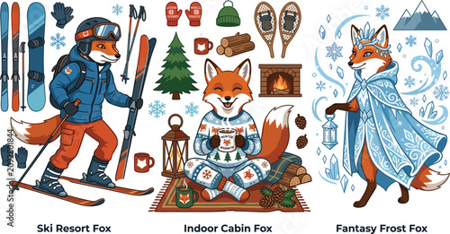 Fotografía Cute winter fox vector collection featuring ski resort character indoor cabin co