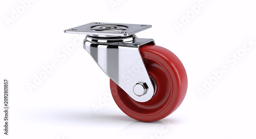 Red polyurethane industrial caster wheel with swivel top plate isolated on white background