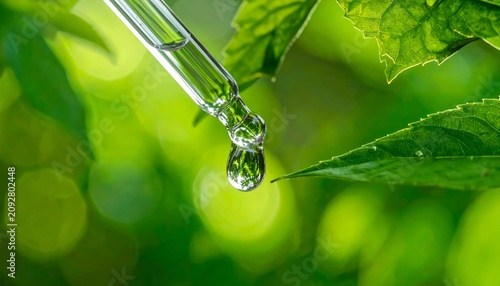 Close-up of glass dropper with clear liquid drop and green leaves