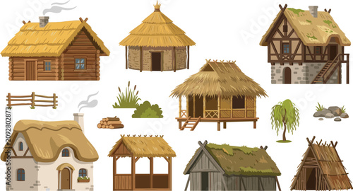 Photos Medieval village houses vector set featuring ancient wooden huts straw thatched