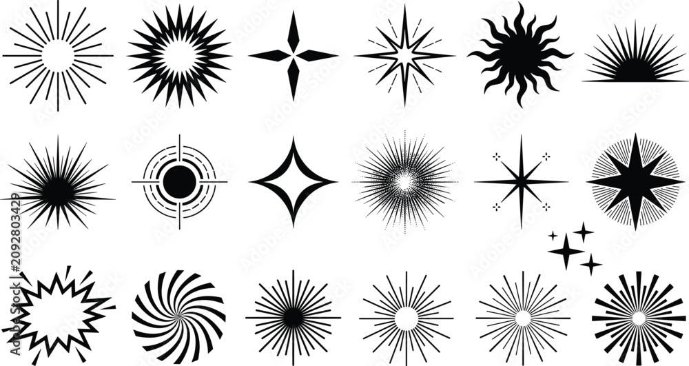 Obraz premium Vector collection of black sunburst starburst elements star icons sparkles light beams firework bursts and geometric sparkles isolated on white background